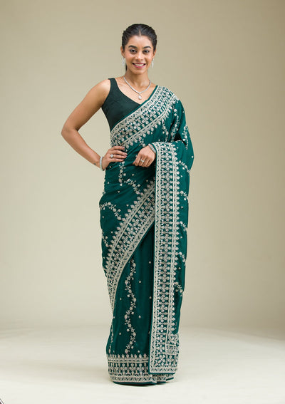 Bottle Green Threadwork Silk Saree-Koskii