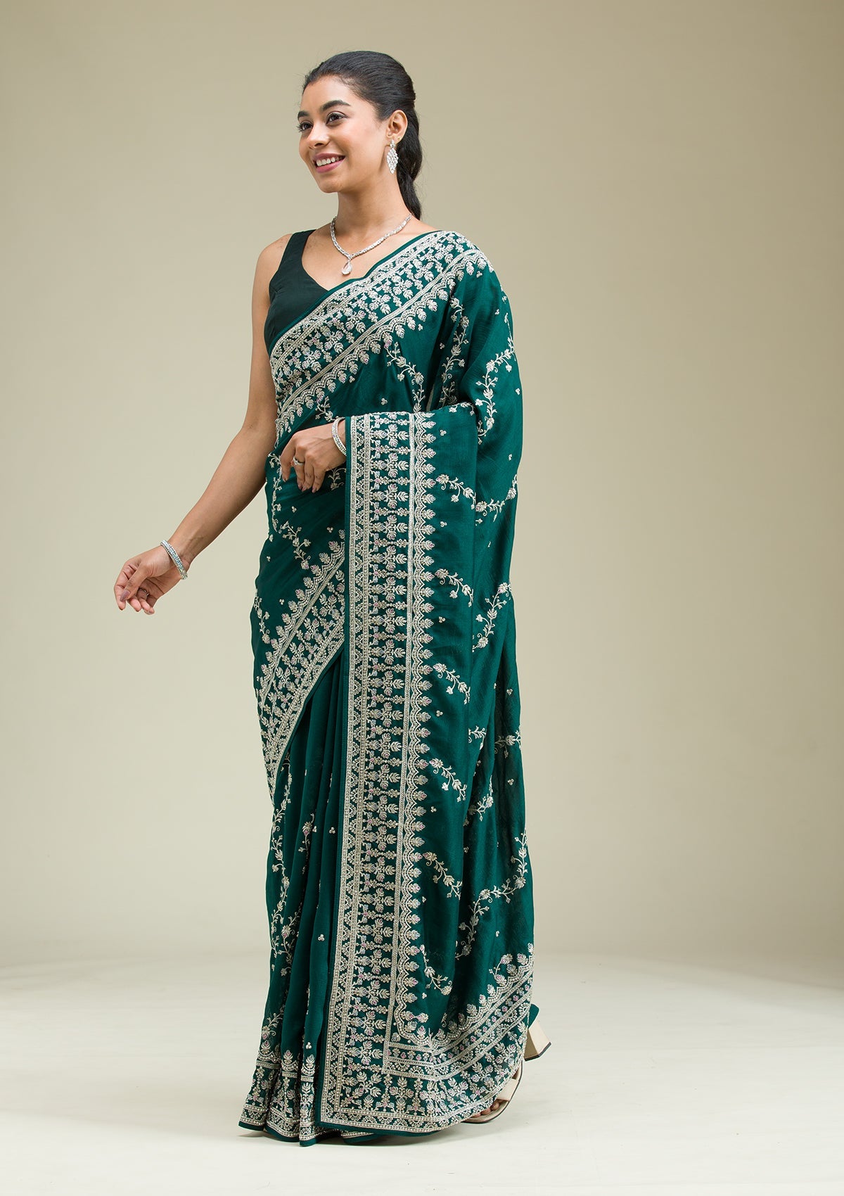 Bottle Green Threadwork Silk Saree-Koskii