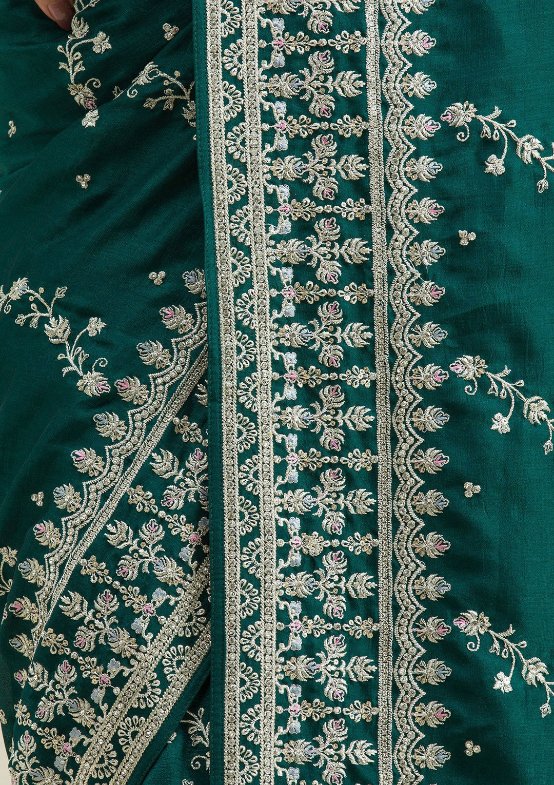 Bottle Green Threadwork Silk Saree-Koskii