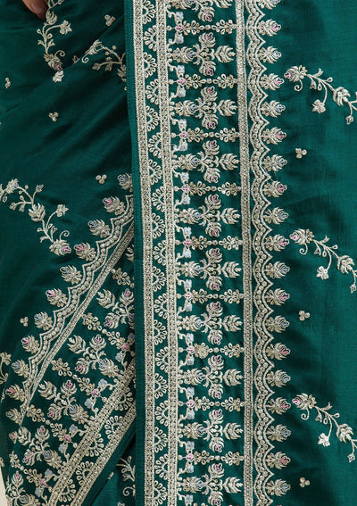 Bottle Green Threadwork Silk Saree-Koskii