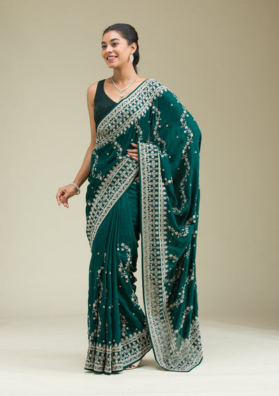 Bottle Green Threadwork Silk Saree-Koskii