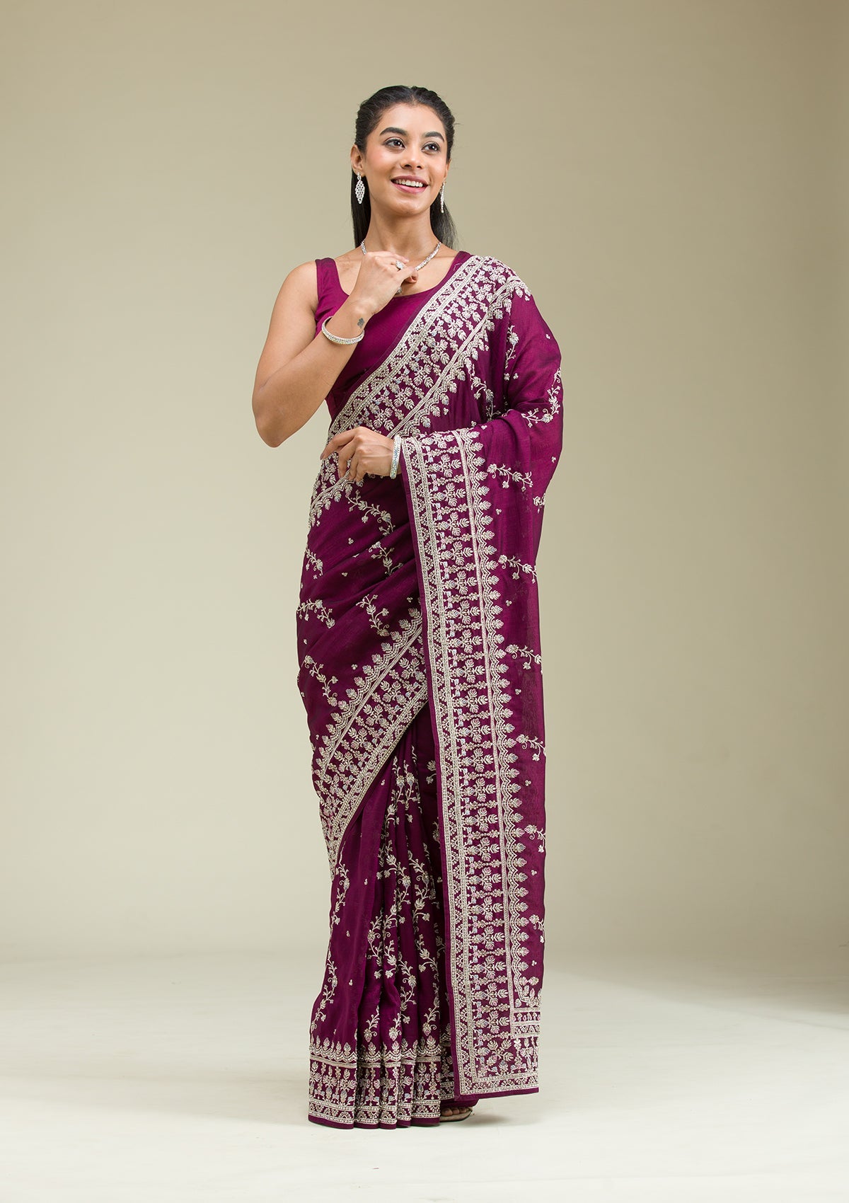 Wine Threadwork Silk Saree-Koskii