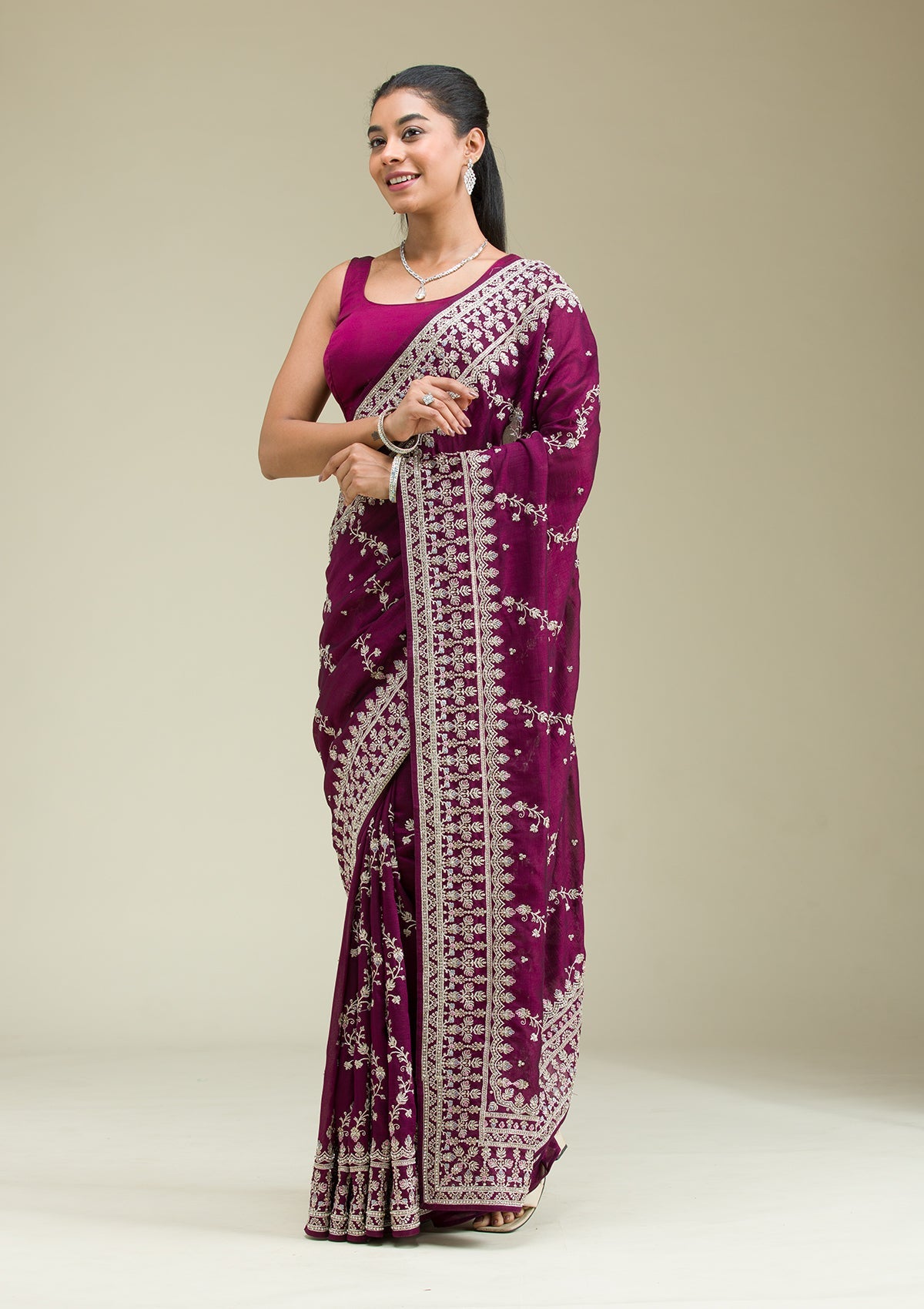 Wine Threadwork Silk Saree-Koskii