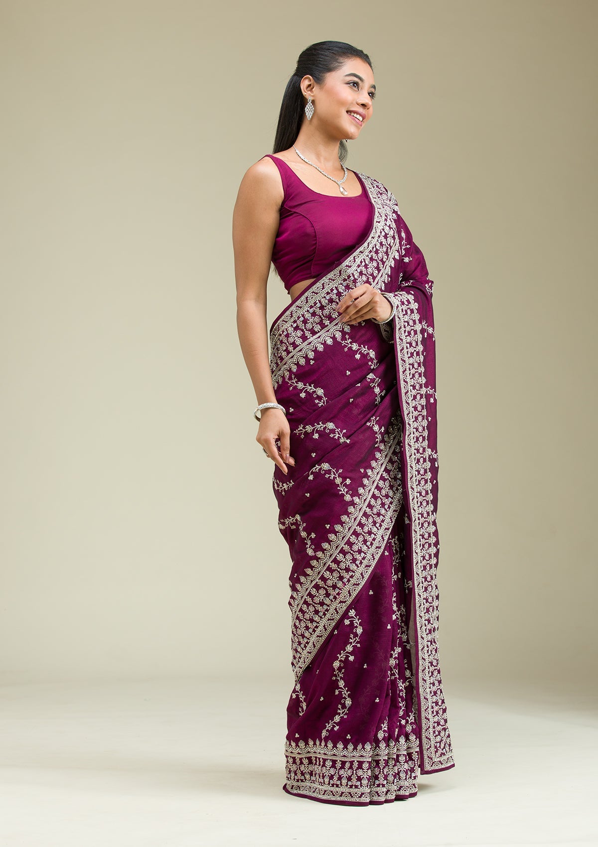 Wine Threadwork Silk Saree-Koskii