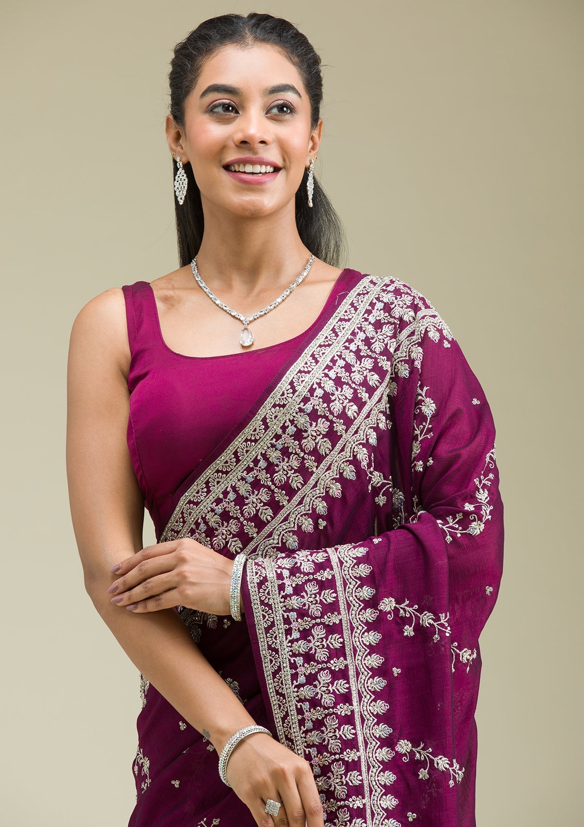 Wine Threadwork Silk Saree-Koskii