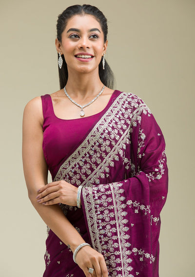 Wine Threadwork Silk Saree-Koskii