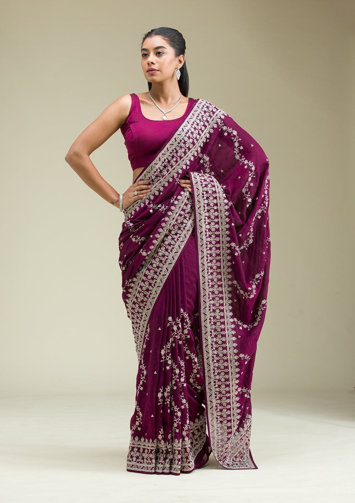 Wine Threadwork Silk Saree-Koskii