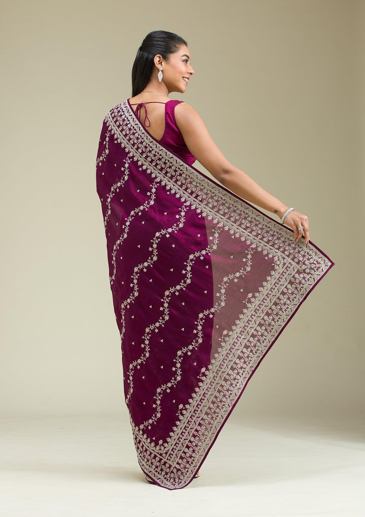 Wine Threadwork Silk Saree-Koskii