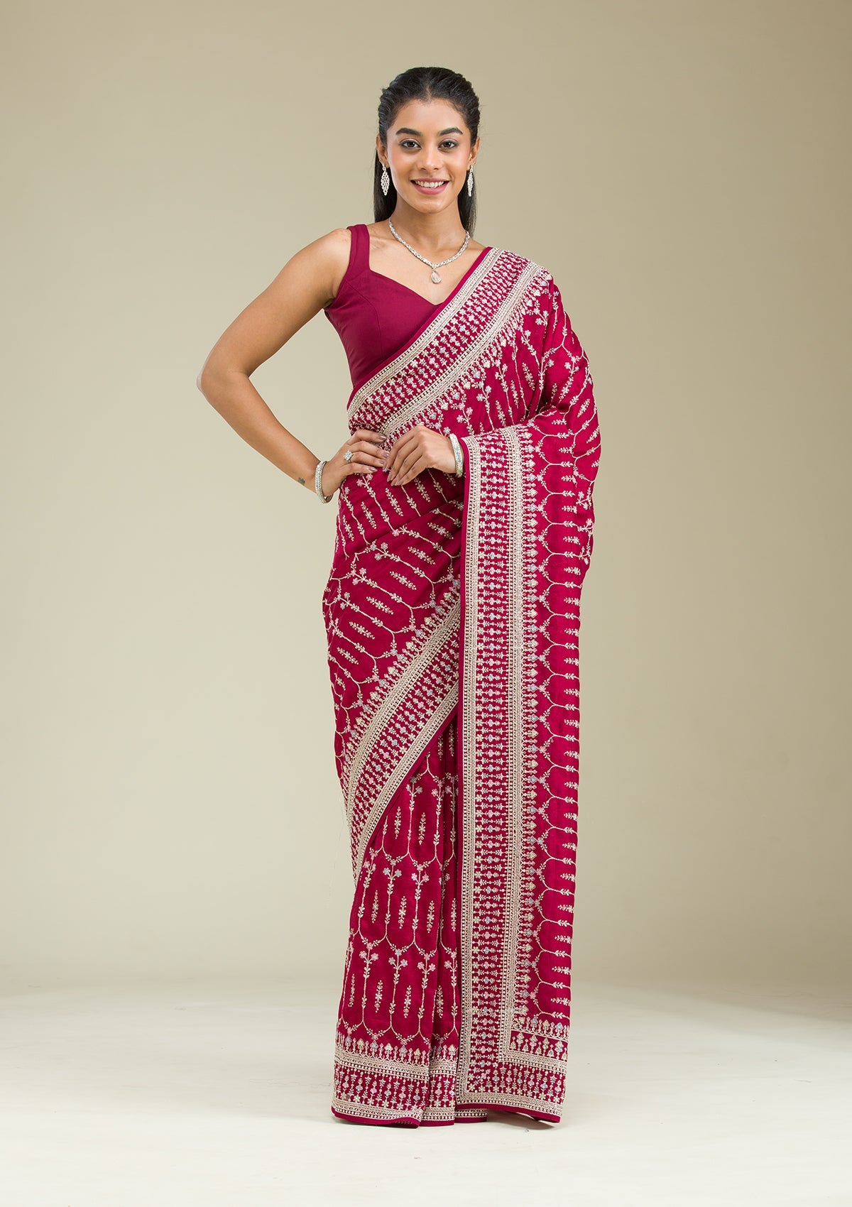 Maroon Threadwork Silk Saree-Koskii