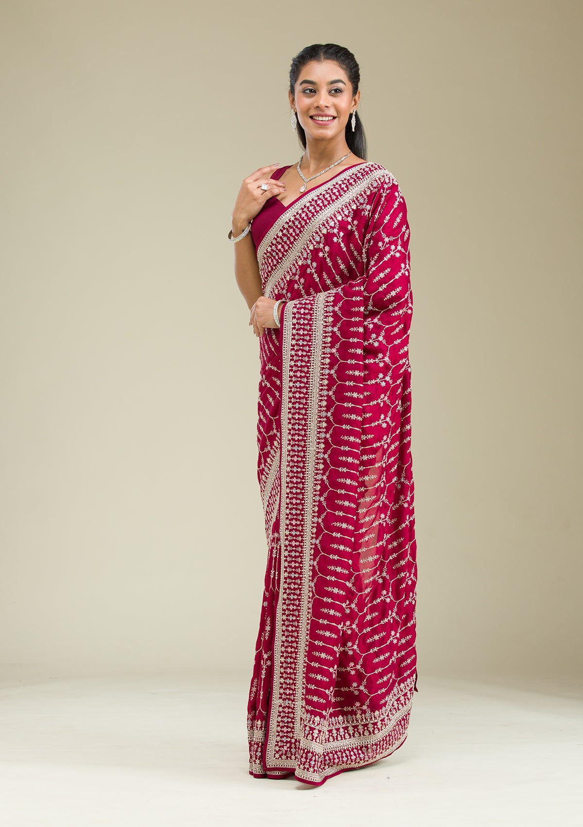 Maroon Threadwork Silk Saree-Koskii