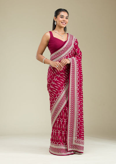 Maroon Threadwork Silk Saree-Koskii