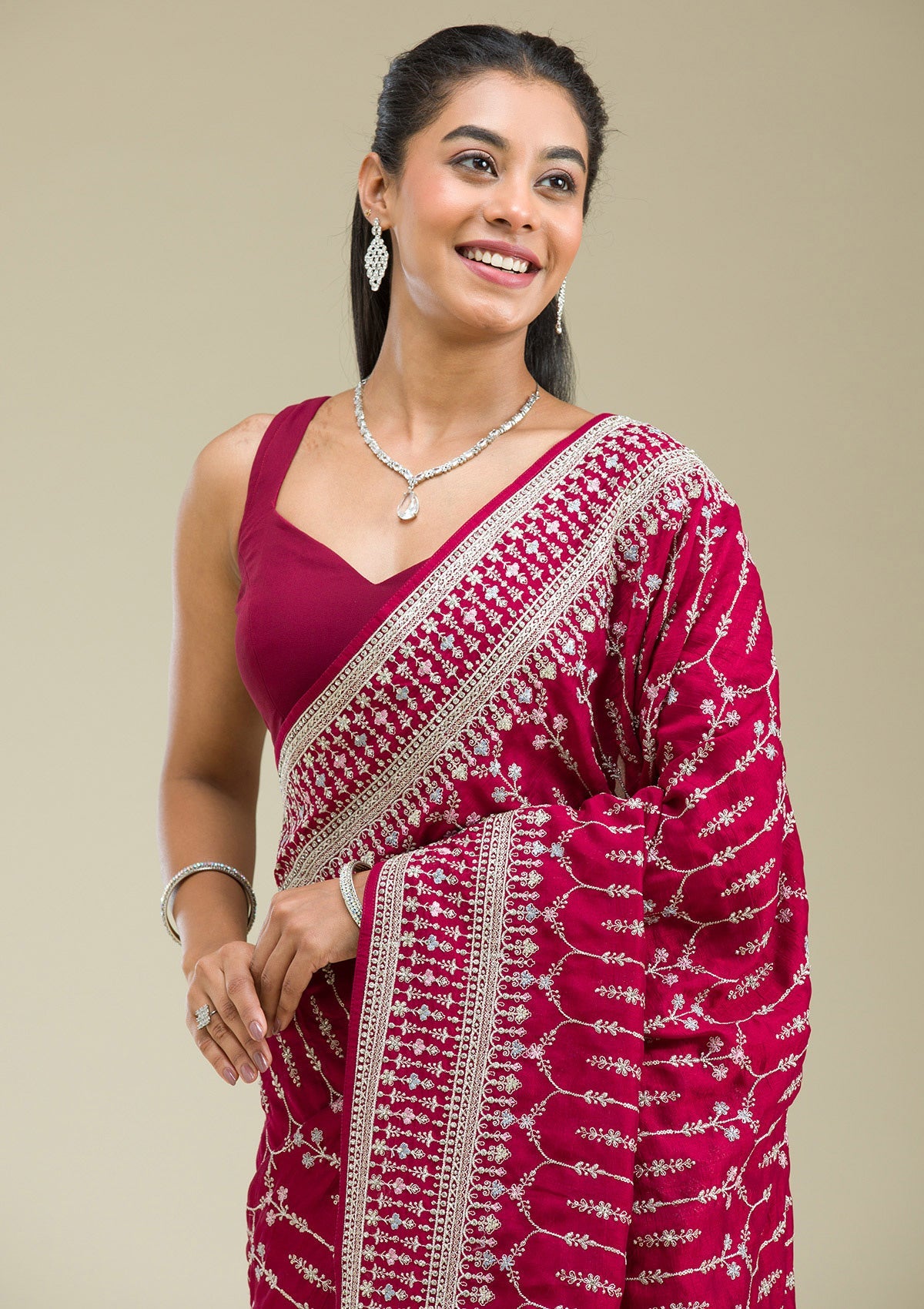 Maroon Threadwork Silk Saree-Koskii