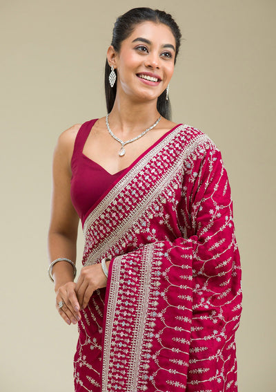 Maroon Threadwork Silk Saree-Koskii