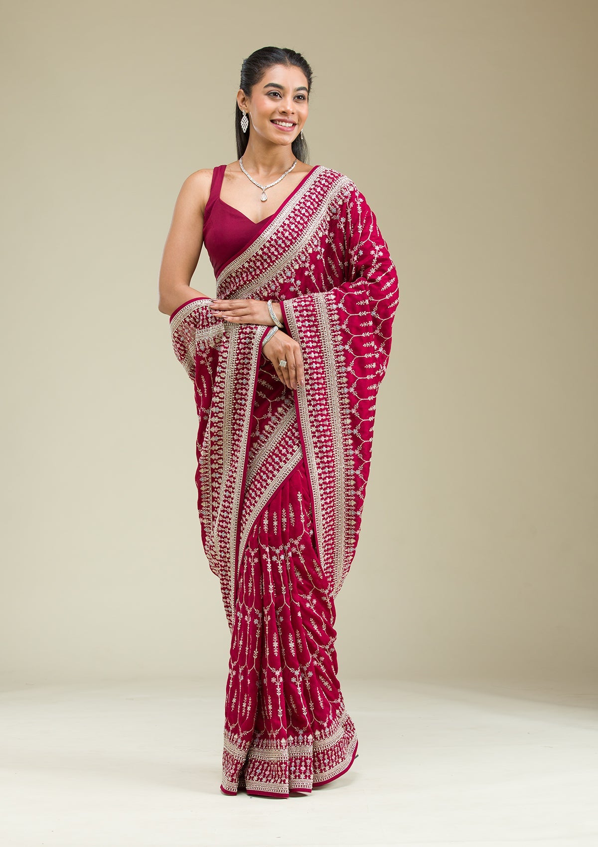 Maroon Threadwork Silk Saree-Koskii