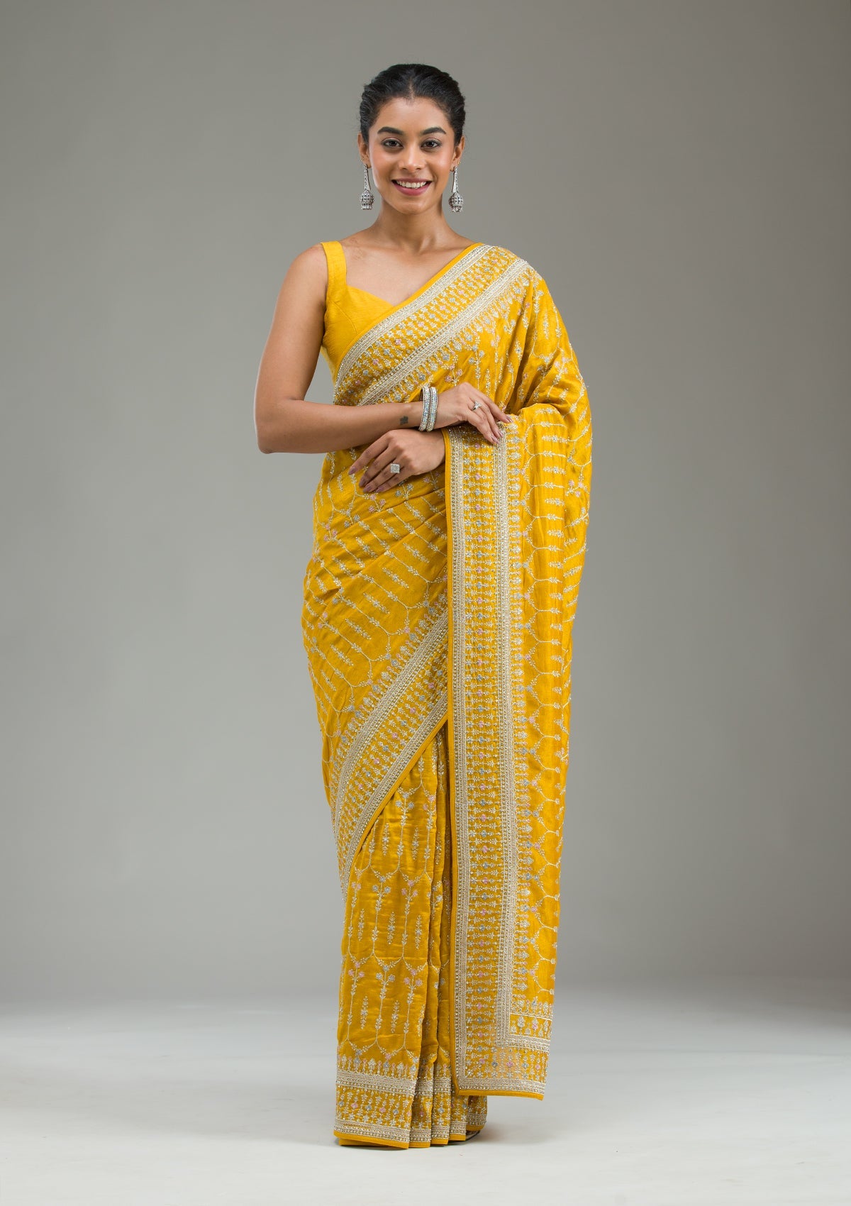 Mustard Threadwork Silk Saree-Koskii