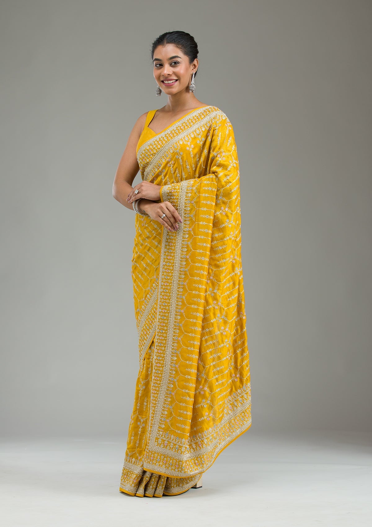 Mustard Threadwork Silk Saree-Koskii