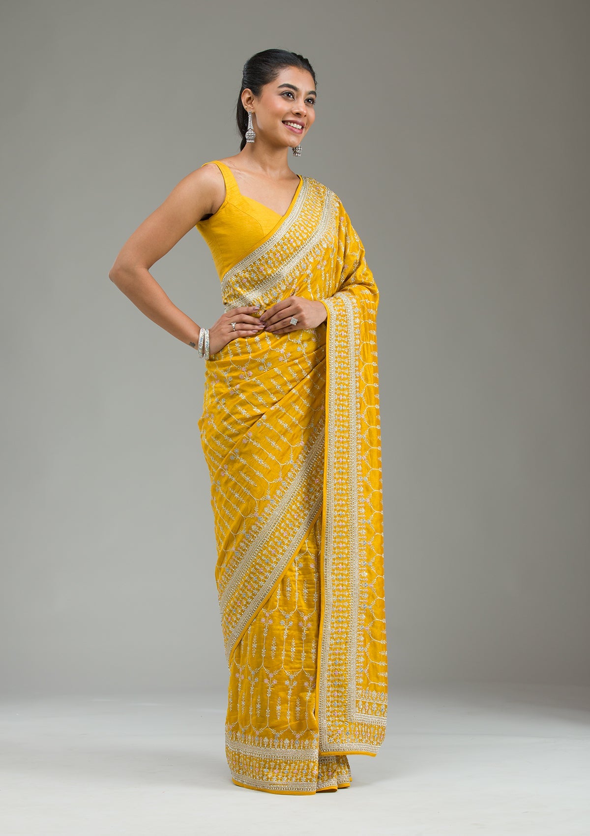 Mustard Threadwork Silk Saree-Koskii