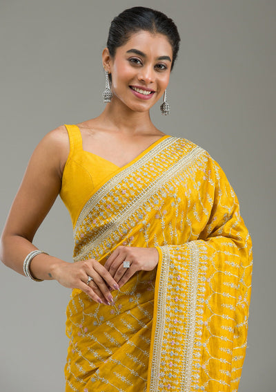 Mustard Threadwork Silk Saree-Koskii