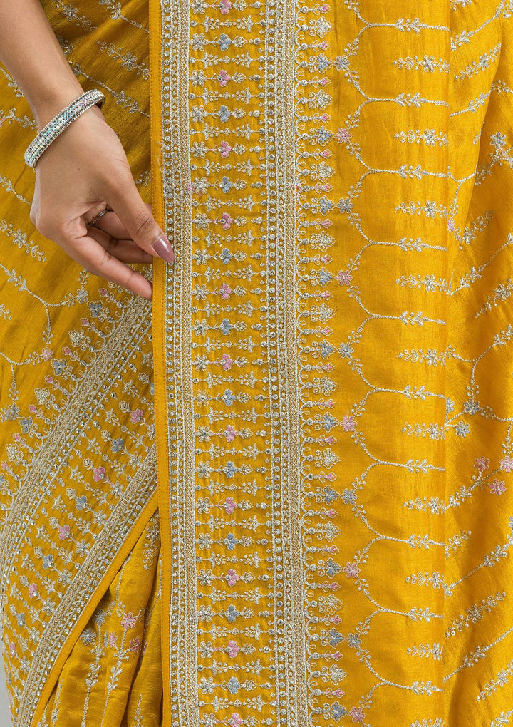 Mustard Threadwork Silk Saree-Koskii