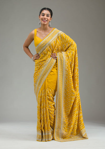 Mustard Threadwork Silk Saree-Koskii