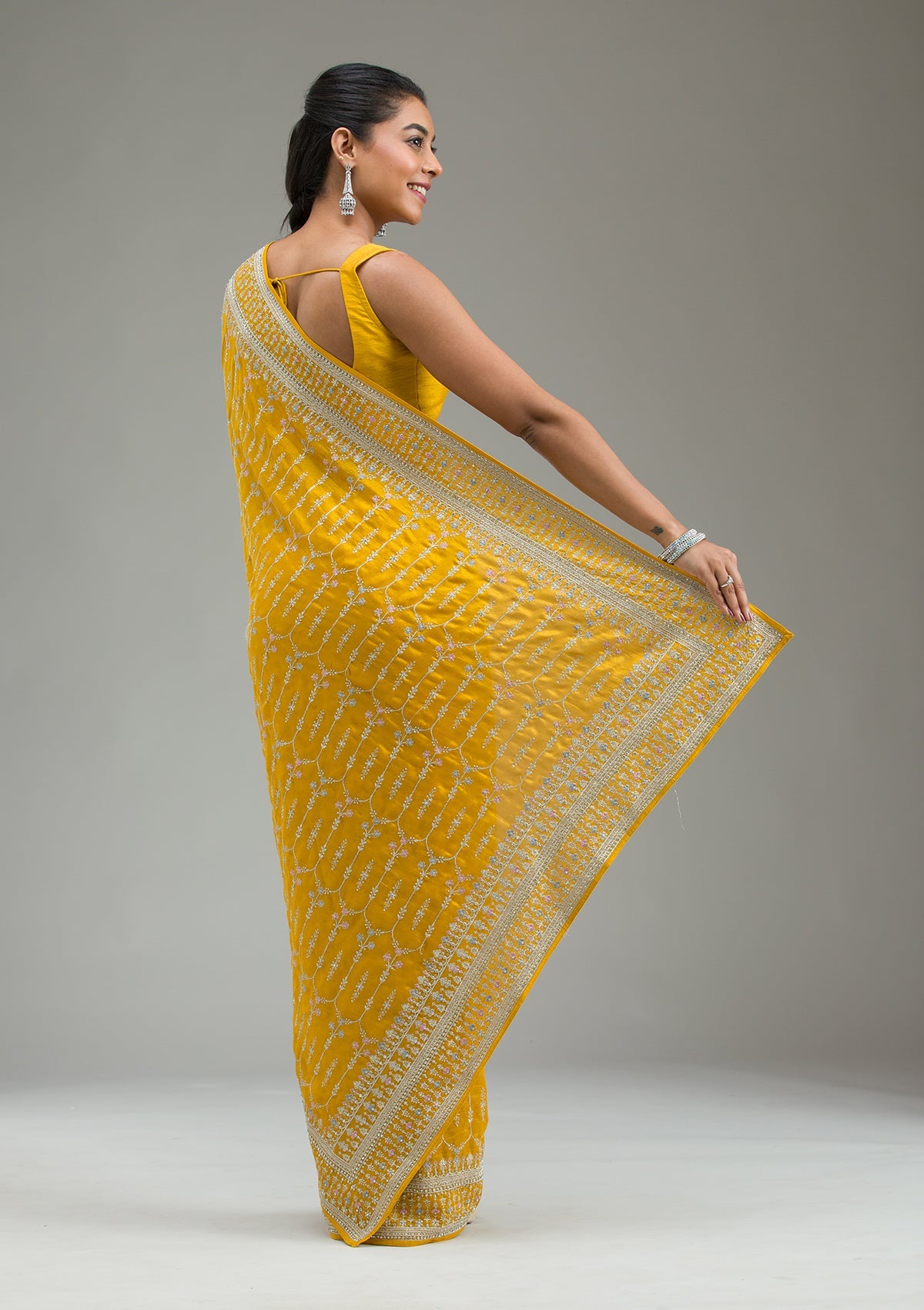 Mustard Threadwork Silk Saree-Koskii