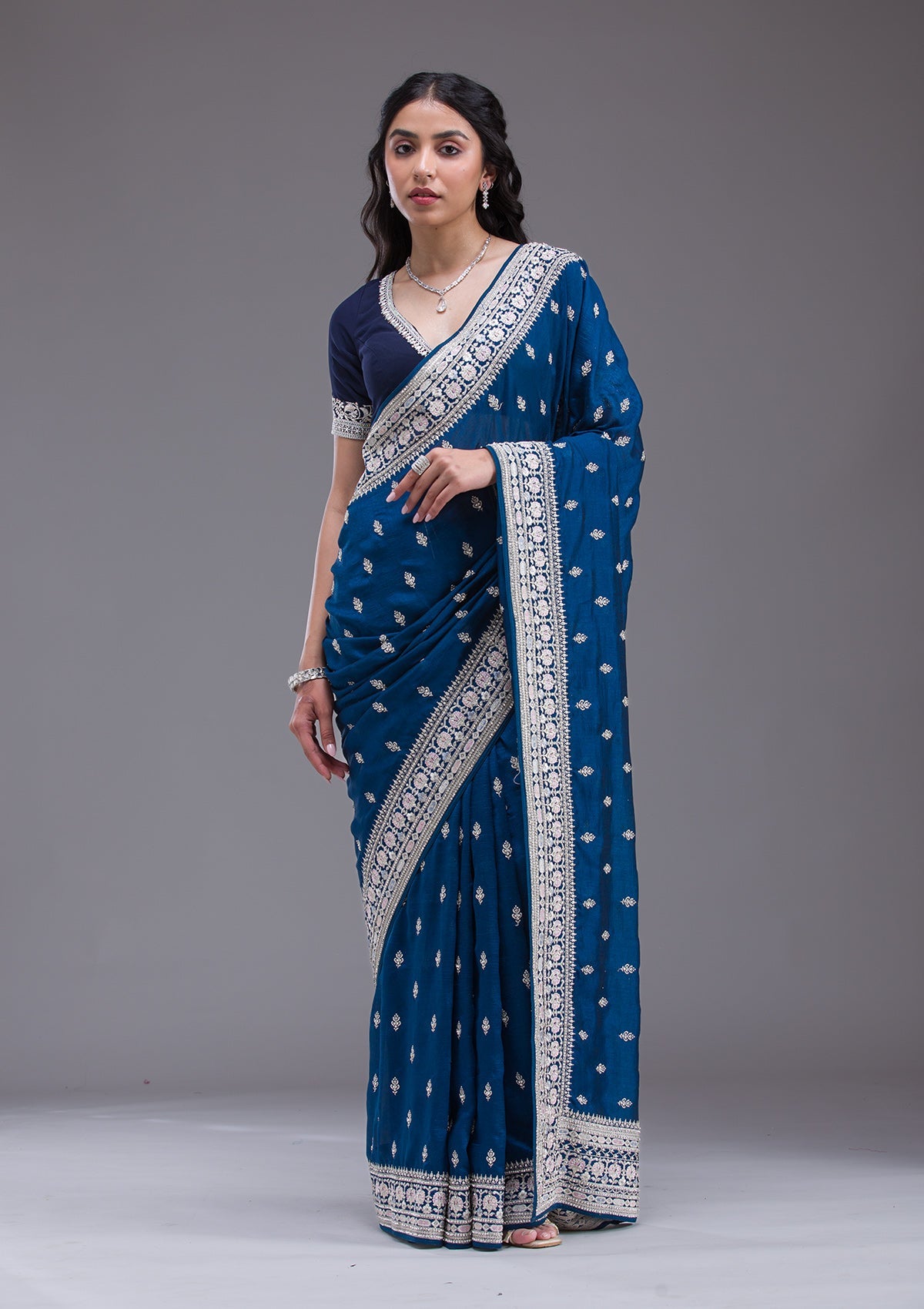 Peacock Blue Threadwork Silk Saree-Koskii