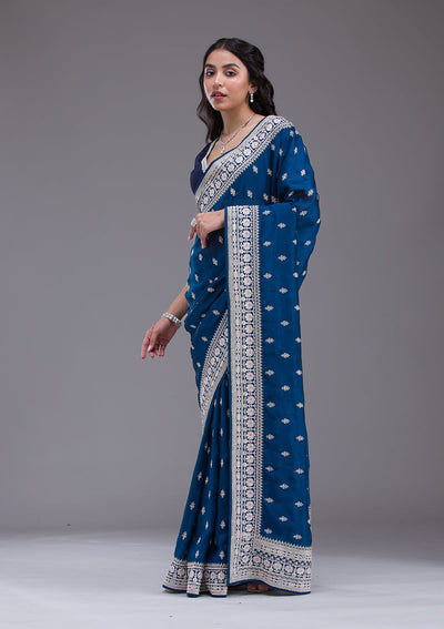 Peacock Blue Threadwork Silk Saree-Koskii