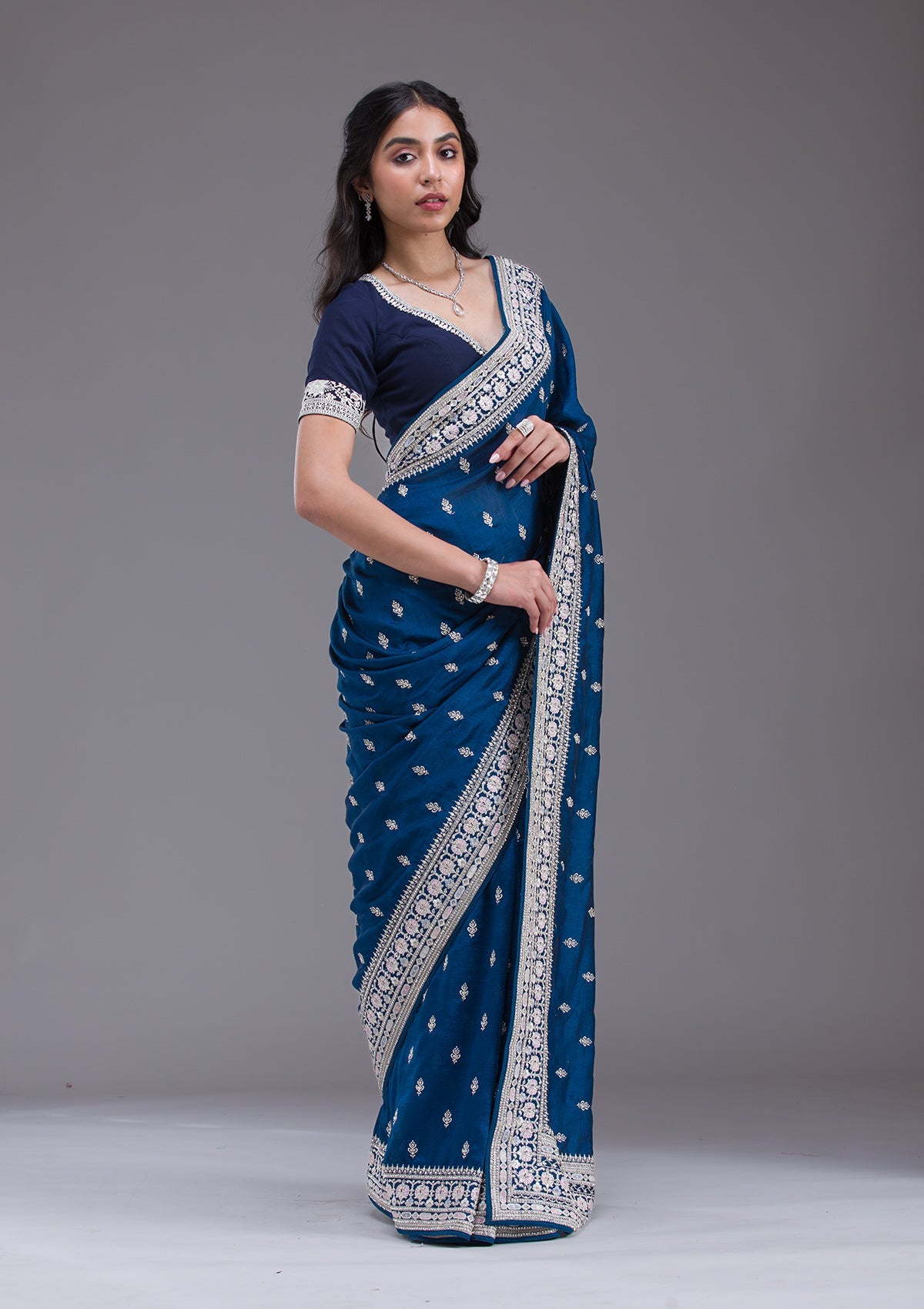 Peacock Blue Threadwork Silk Saree-Koskii