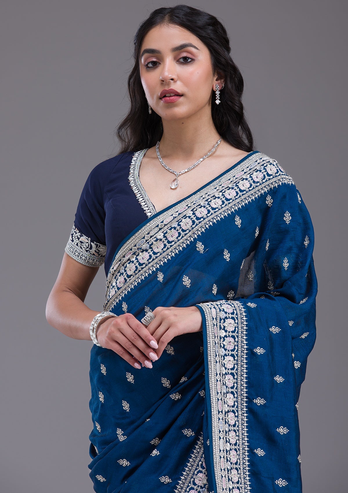 Peacock Blue Threadwork Silk Saree-Koskii