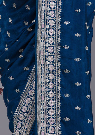 Peacock Blue Threadwork Silk Saree-Koskii