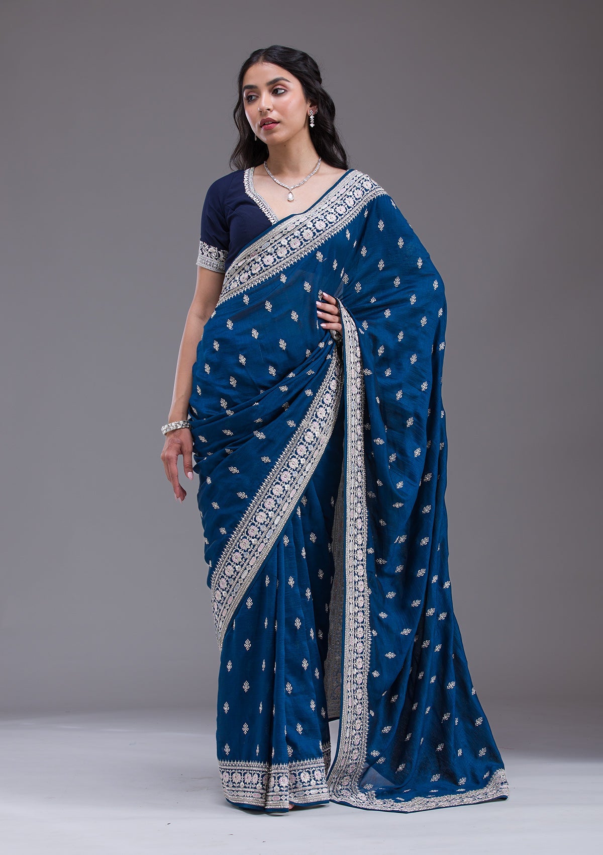 Peacock Blue Threadwork Silk Saree-Koskii