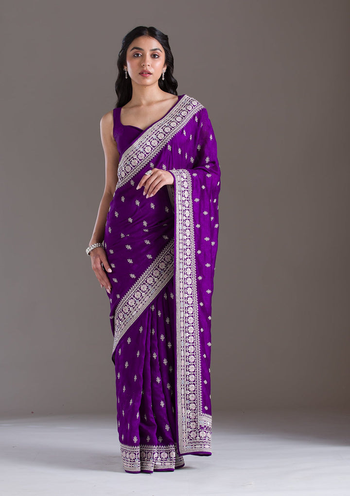Purple Threadwork Silk Saree-Koskii