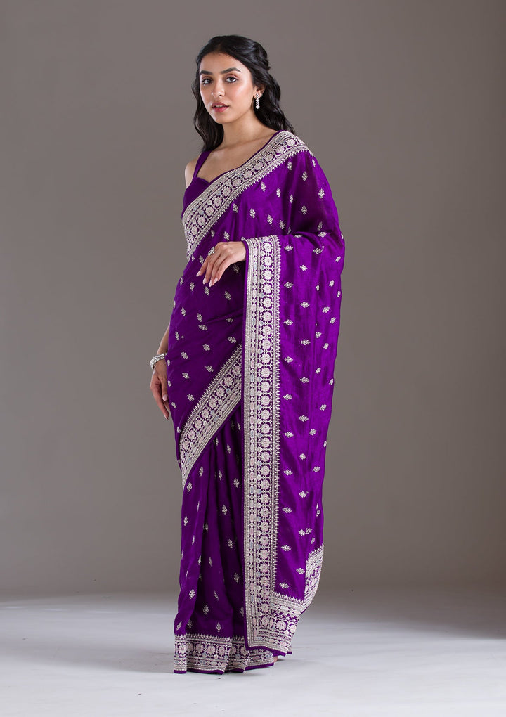 Purple Threadwork Silk Saree-Koskii