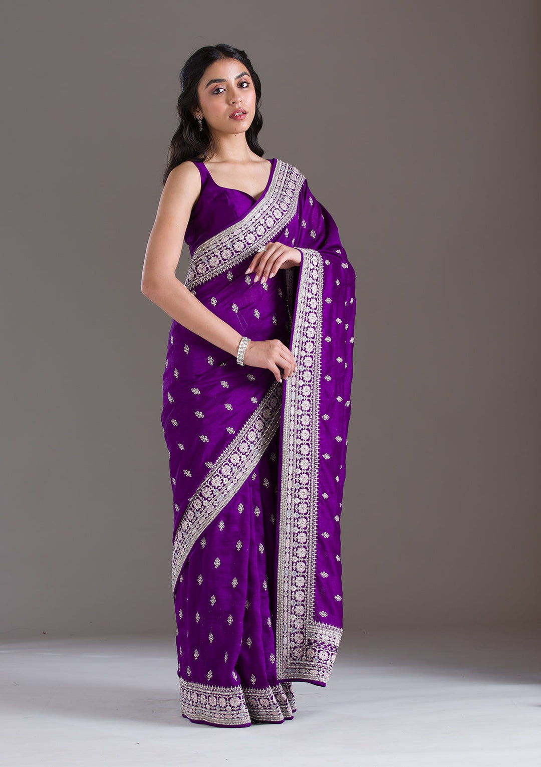 Purple Threadwork Silk Saree-Koskii