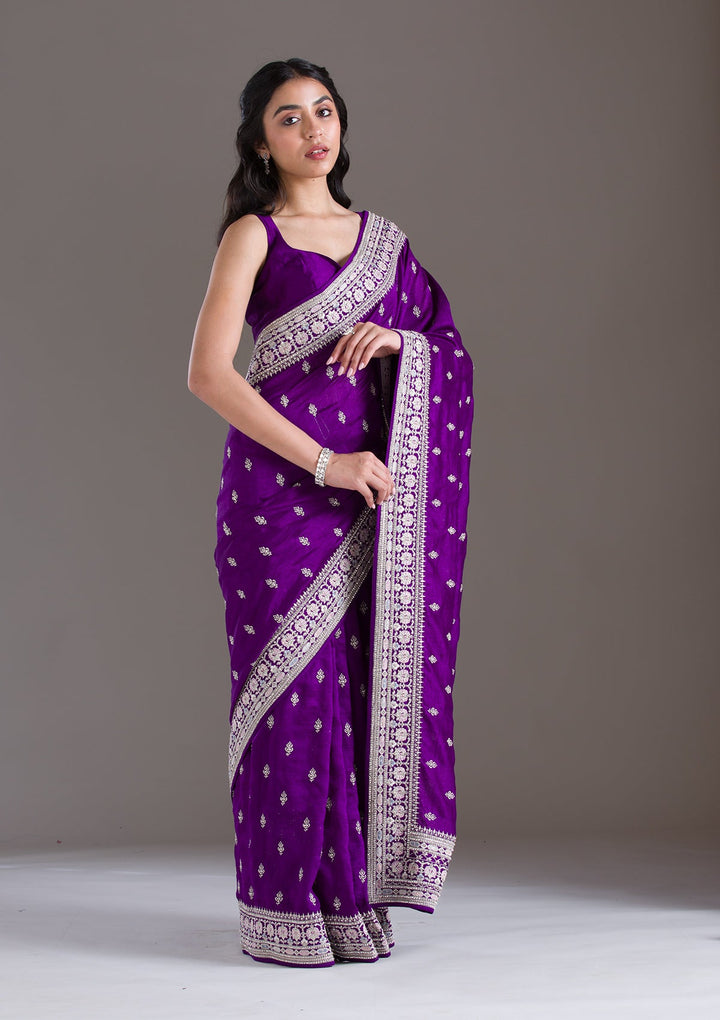 Purple Threadwork Silk Saree-Koskii