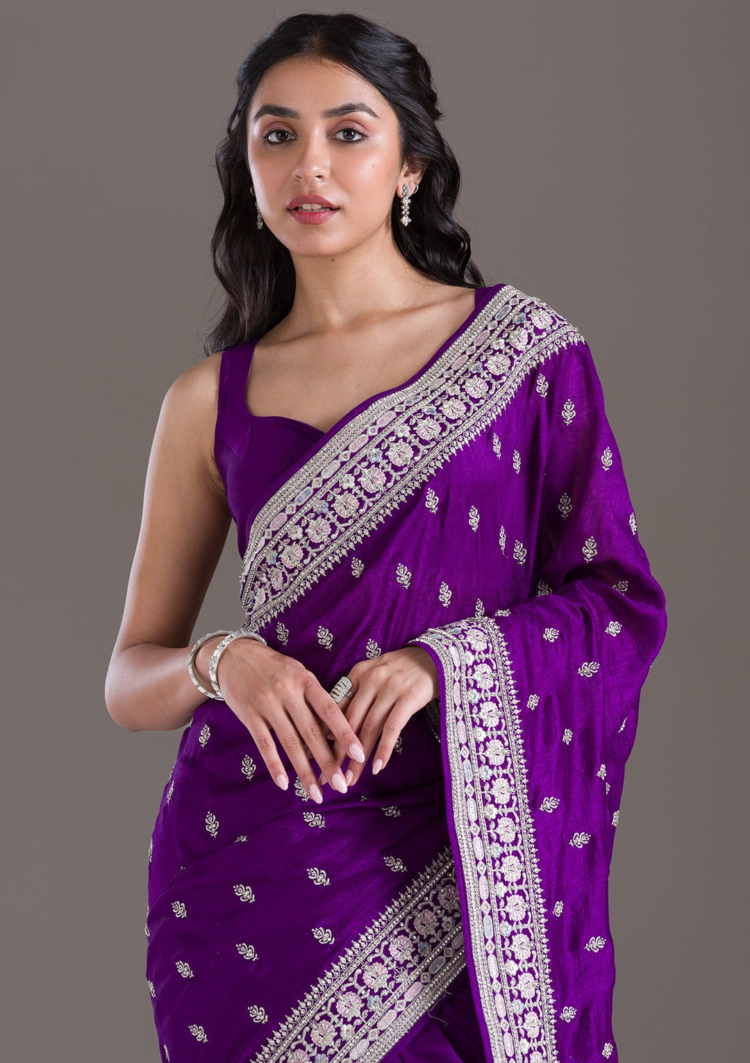 Purple Threadwork Silk Saree-Koskii
