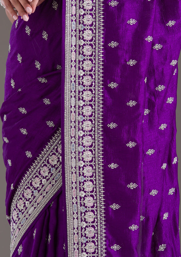 Purple Threadwork Silk Saree-Koskii