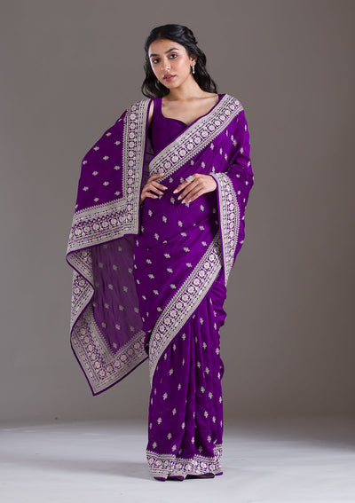 Purple Threadwork Silk Saree-Koskii