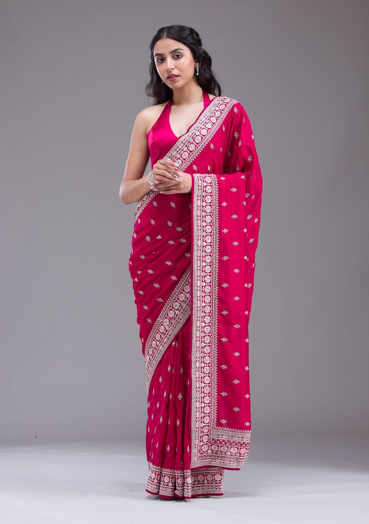 Rani Pink Threadwork Silk Saree-Koskii