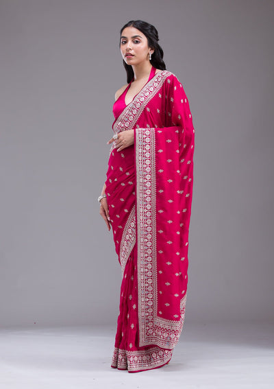 Rani Pink Threadwork Silk Saree-Koskii