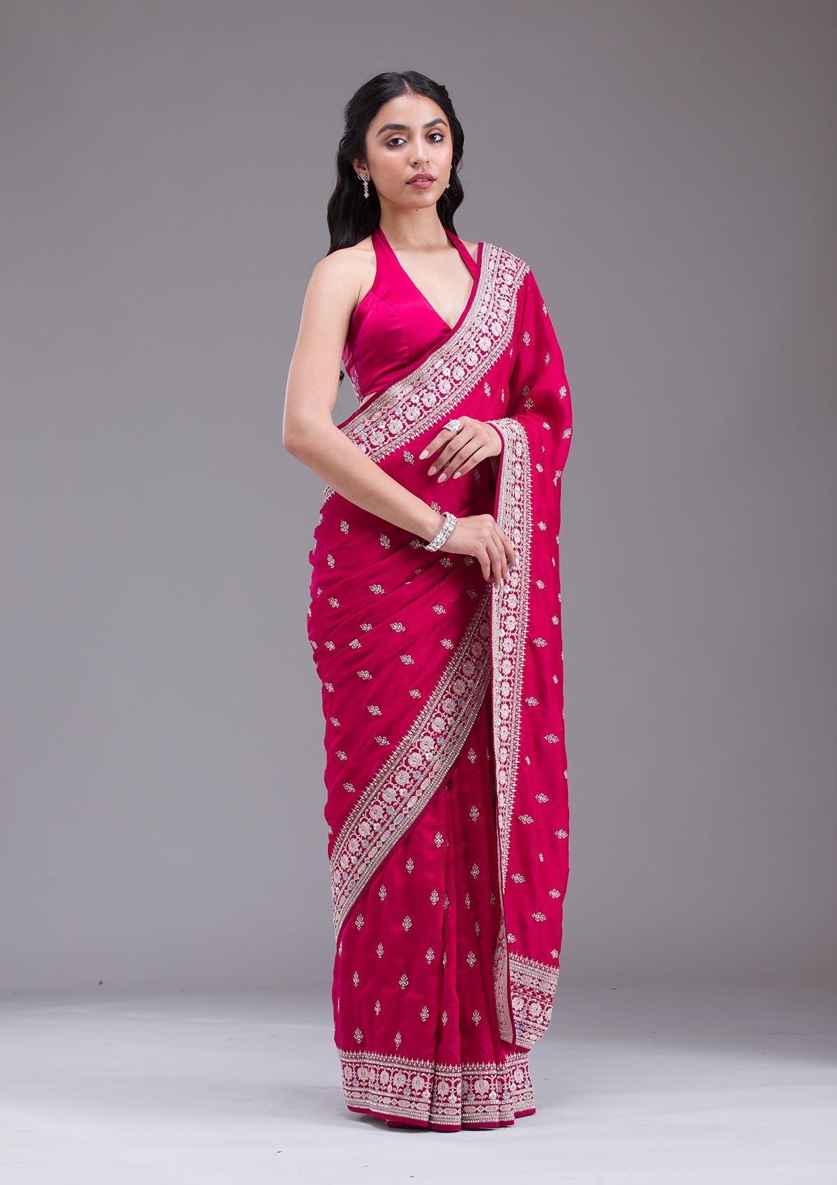 Rani Pink Threadwork Silk Saree-Koskii