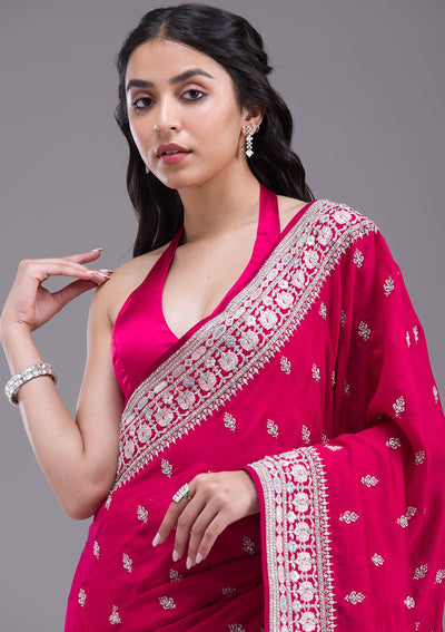 Rani Pink Threadwork Silk Saree-Koskii