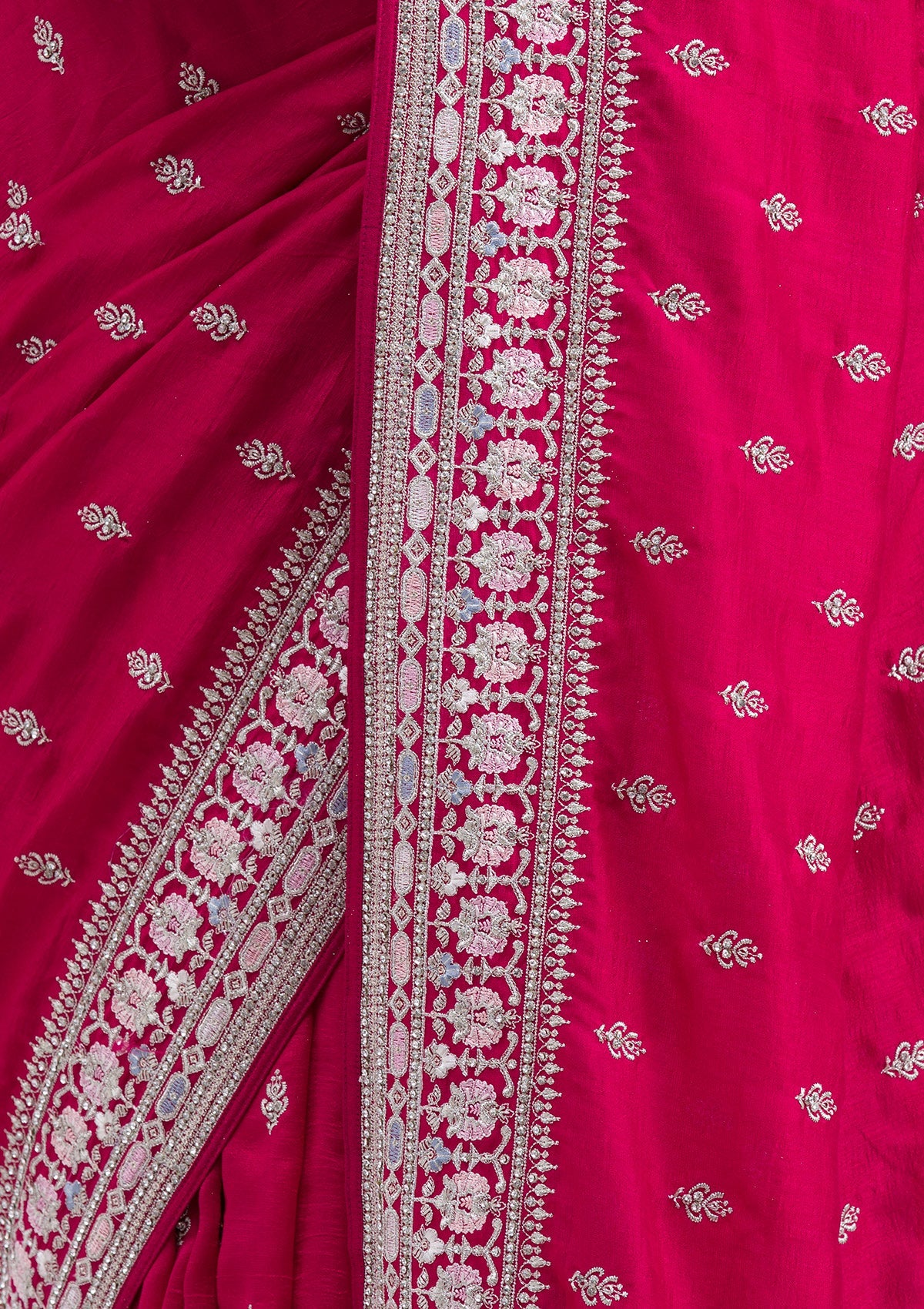 Rani Pink Threadwork Silk Saree-Koskii