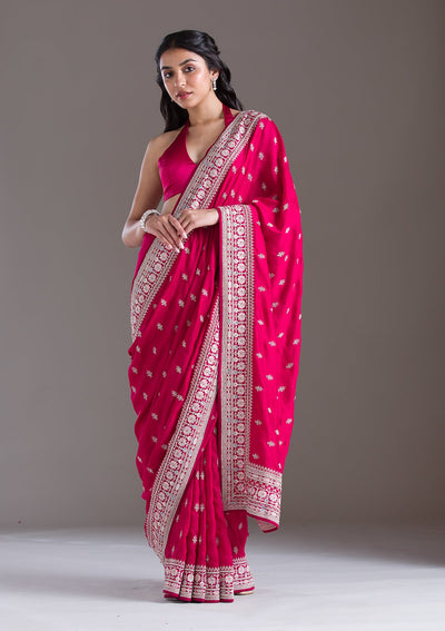 Rani Pink Threadwork Silk Saree-Koskii