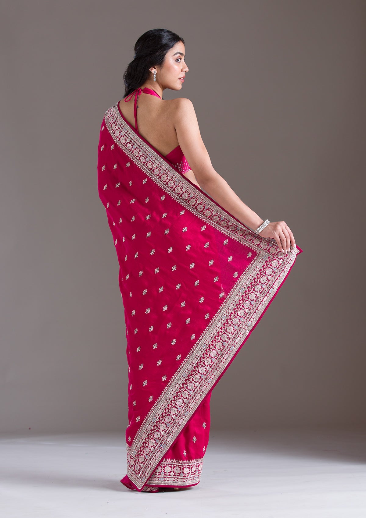 Rani Pink Threadwork Silk Saree-Koskii