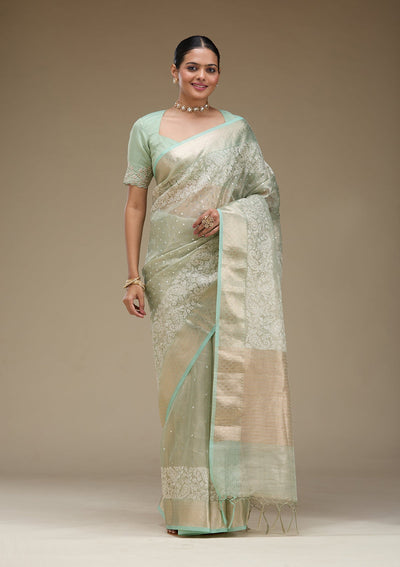 Pista Green Zariwork Tissue Saree-Koskii