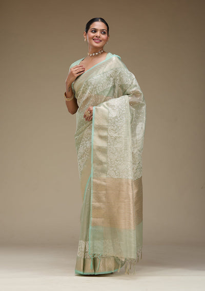 Pista Green Zariwork Tissue Saree-Koskii