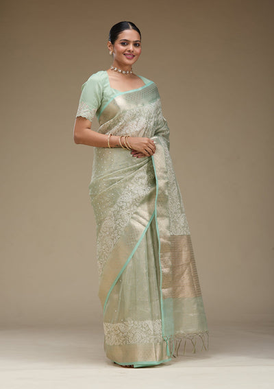 Pista Green Zariwork Tissue Saree-Koskii