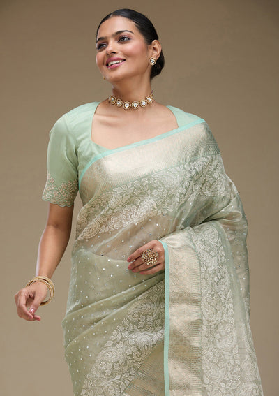 Pista Green Zariwork Tissue Saree-Koskii