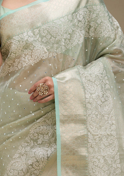 Pista Green Zariwork Tissue Saree-Koskii